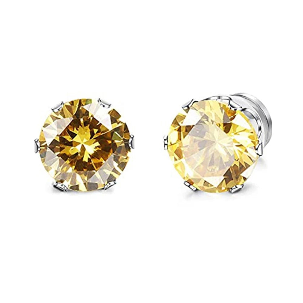 1 Pair Mens Womens Magnetic 8mm Color Cubic Zirconia Stud Earrings Steel Non-Piercing Clip On Fake Ear Piercing Jewelry