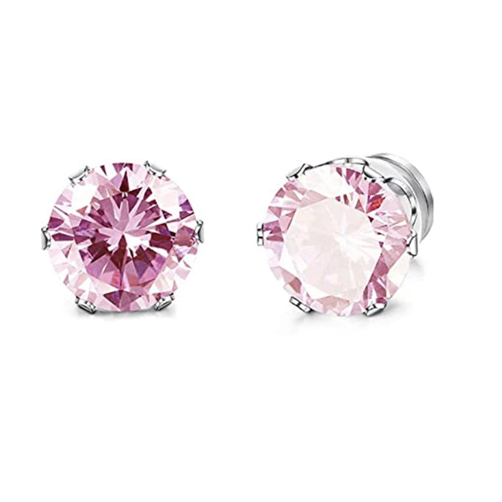1 Pair Mens Womens Magnetic 8mm Color Cubic Zirconia Stud Earrings Steel Non-Piercing Clip On Fake Ear Piercing Jewelry
