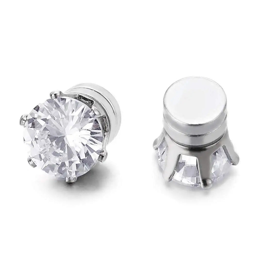 1 Pair Mens Womens Magnetic 8mm Color Cubic Zirconia Stud Earrings Steel Non-Piercing Clip On Fake Ear Piercing Jewelry