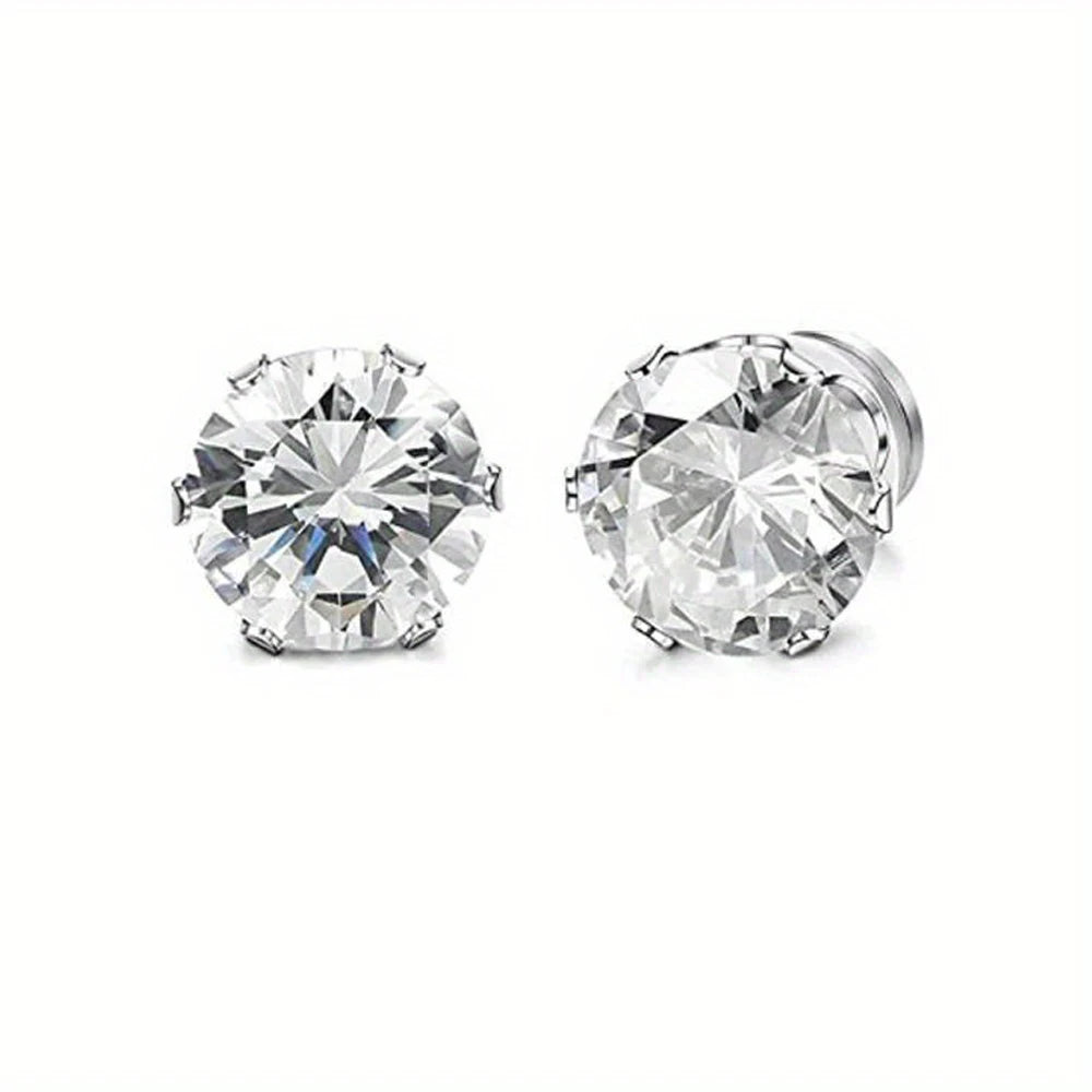 1 Pair Mens Womens Magnetic 8mm Color Cubic Zirconia Stud Earrings Steel Non-Piercing Clip On Fake Ear Piercing Jewelry